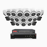 H500 - 3K 32 Channel PoE Security System with 4 Bullet & 16 Turret Cameras, EXIR 2.0 Night Vision, Built-in Mic & SD Card Slot, Works with Alexa, 16-Port PoE Switch Included ,IP67 Waterproof, RTSP Supported